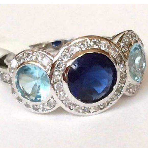 Silver Sapphire Victorian Gypsy Ring Size 10 Aquamarine Cubic Zirconia Rhodium - Picture 7 of 8